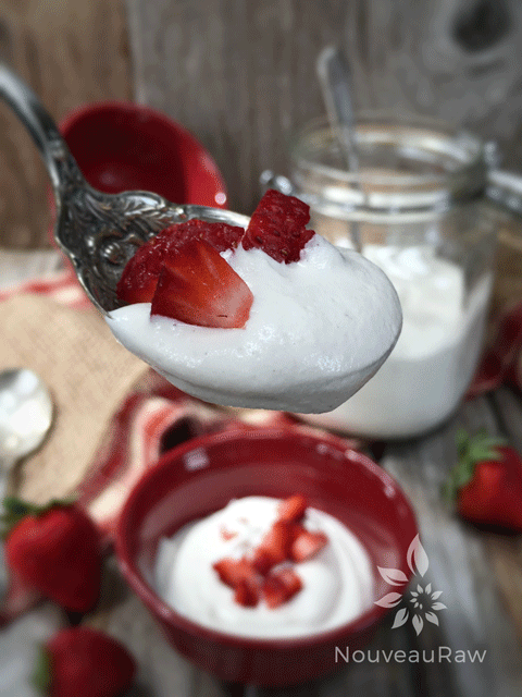 a smooth and delicious spoonful of greek nogurt with fresh strawberries