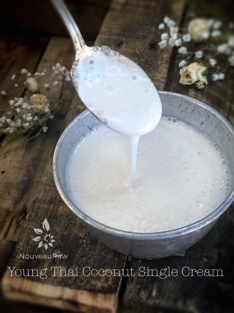 raw vegan young Thai coconut single cream dripping from a spoon
