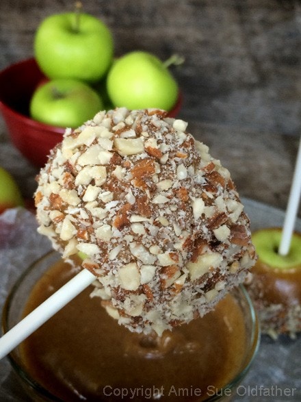 rolling the raw vegan Caramel Apples in raw caramel sauce and then in crushed nuts