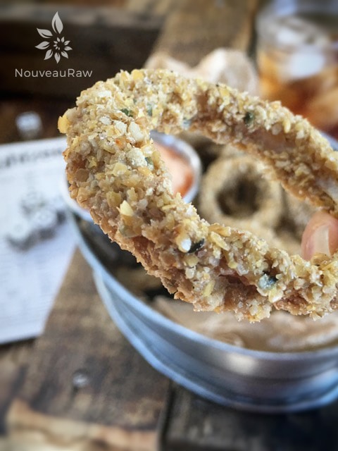 close up photo of raw vegan gluten-free Spicy Onion Rings are perfect for game night snacks