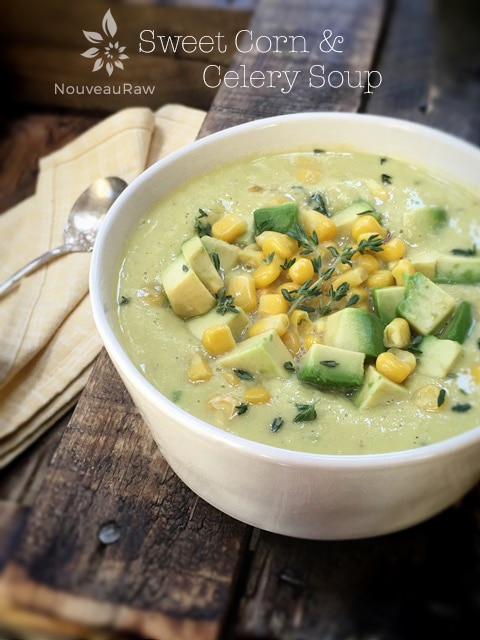 raw vegan Chilled Sweet Corn & Celery Soup with diced avocado on top