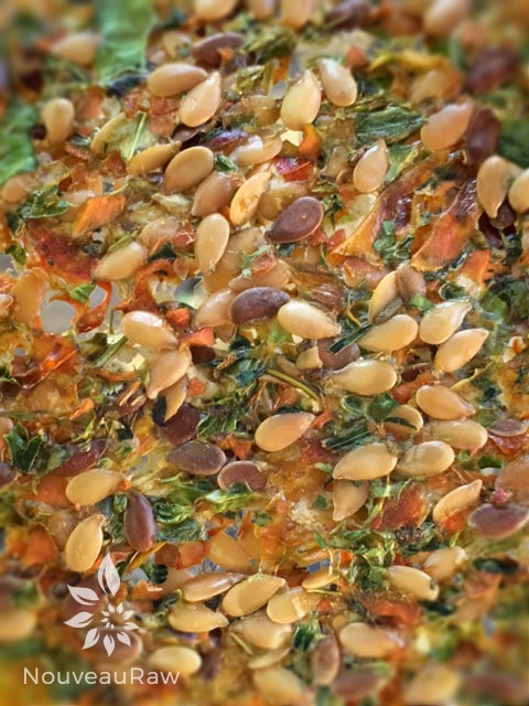 extreme close up of raw vegan Abundant Veggie Flax Crackers
