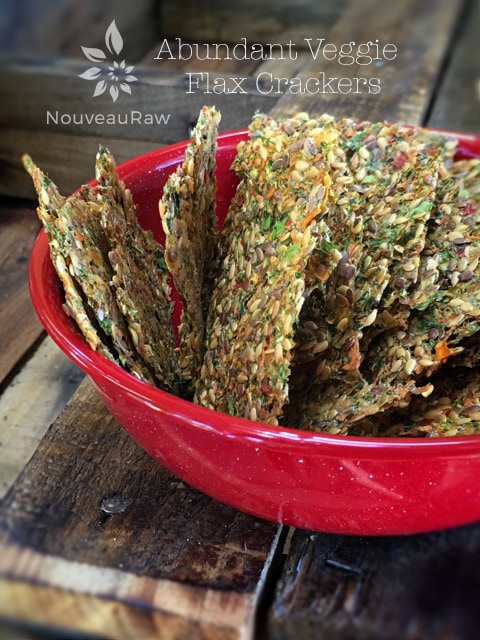 a red bowl filled with raw vegan Abundant Veggie Flax Crackers