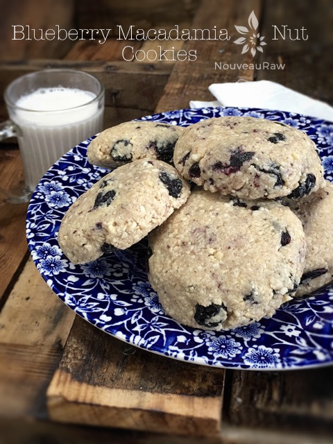 Blueberry Macadamia Nut Cookies served on a blue and white plate along with almond milk