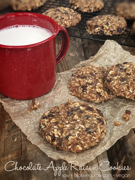 Chocolate Apple Raisin Cookies displayed with a red tin cup filled with raw almond milk