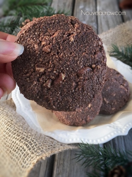 close up view of close up of raw vegan gluten free Chocolate Pecan Cookies 
