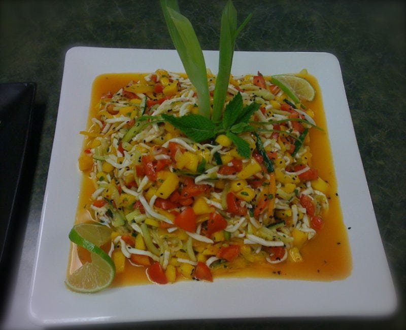 raw vegan Thai Fruit Salad in a white bowl
