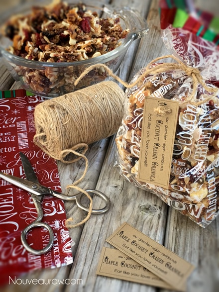 raw gluten-free Maple Coconut Craisin Granola displayed in clear gift bags