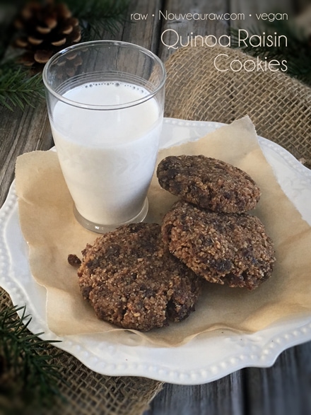 raw vegan Quinoa Raisin Cookies served with almond milk