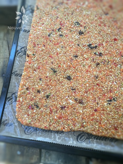 getting ready to dehydrate the a close up of raw vegan gluten free Veggie Flax Crackers