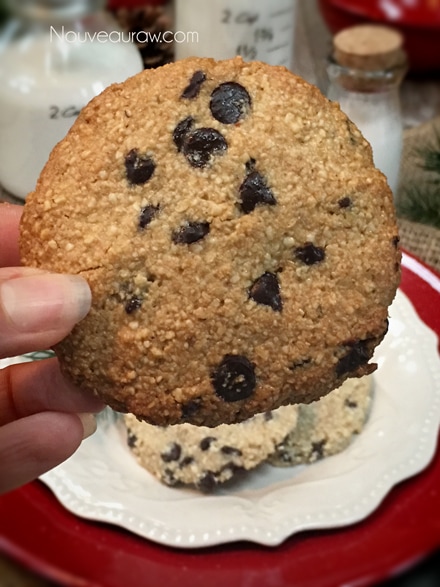a baked raw gluten free Chocolate Chip Cookies served on a red and white plate