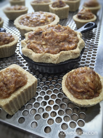 Filling each of the crust cases with a little of the mixture than top with the cashew icing and a pinch of the nutmeg