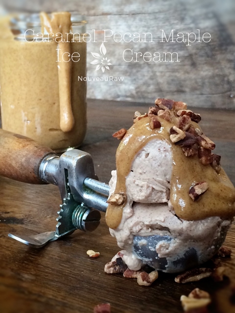 raw dairy free Caramel Pecan Maple Ice Cream served in an antique scooper
