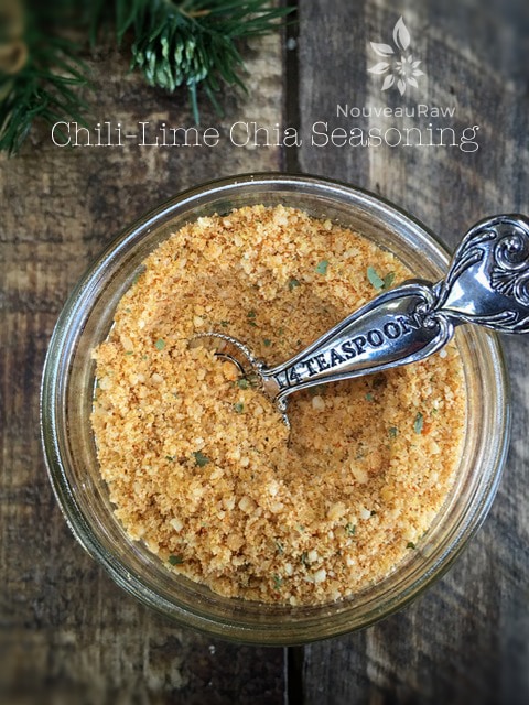 Chili-Lime Chia Seasoning displayed on a wooden table in a mason jar