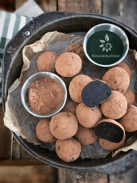 displaying the Chocolate Spiralina Power Balls in an antique baking pan