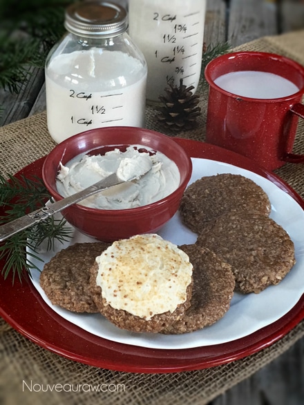 raw vegan Frosted Gingerbread Cookie served with almond milk