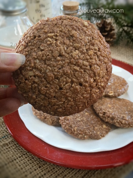 holding up a baked version of raw vegan Frosted Gingerbread Cookie 
