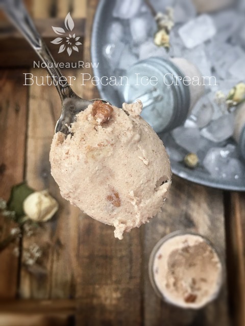 raw dairy-free Butter Pecan Ice Cream on a spoon