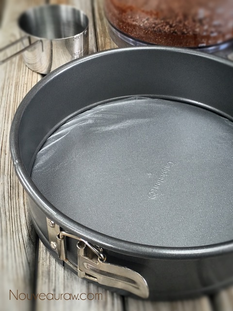 a springform pan lined with plastic wrap