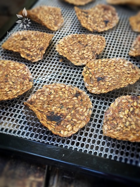 Garden Flax Crackers rounds laying on an Excalibur dehydrator tray