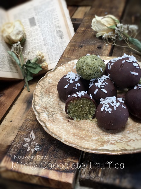 Raw vegan Mint Chocolate Candies displayed on an antique plate