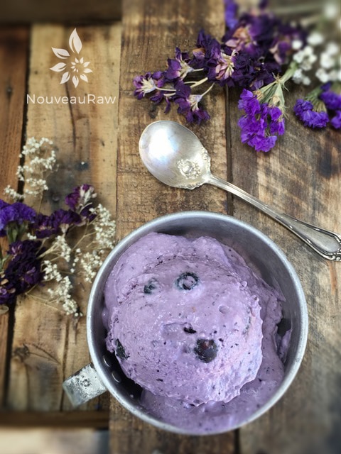 an overview of raw vegan Blueberry Lemon Ice Cream served in an old tin cup