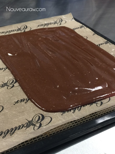 spreading the raw vegan Chocolate Banana Wraps on the dehydrator tray