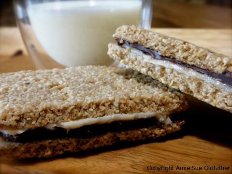 close up of raw vegan gluten-free S'More Snacks served with almond milk