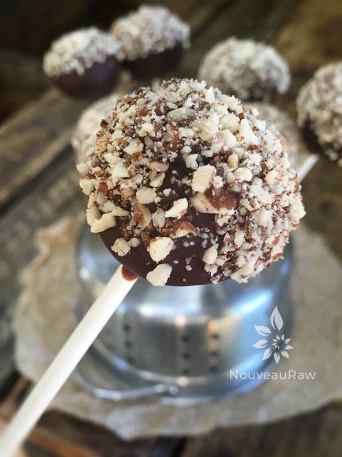 An extreme close up of the peanut butter balls on sticks