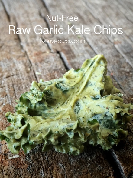 raw vegan Garlic Kale Chips that are coated with amazing sauces