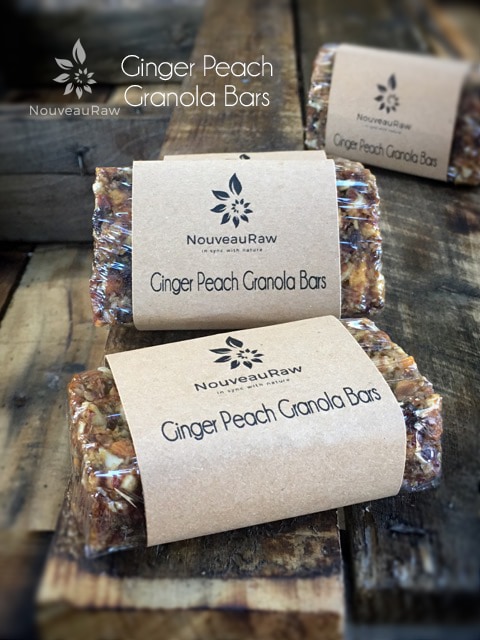 raw vegan gluten-free Ginger Peach Granola Bars wrapped in plastic and labeled