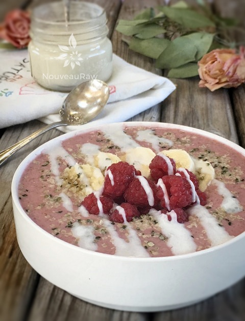 Raw Almond Raspberry Porridge with Rasberries & Bananas