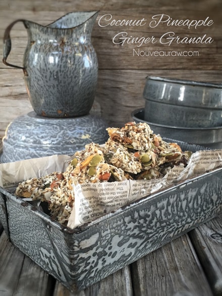 raw gluten-free Coconut Pineapple Ginger Granola served in old fashion tin dishware