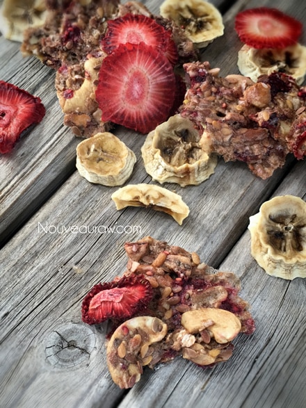 close up of raw vegan gluten free Strawberry Banana Nut Granola clusters on a wooden table