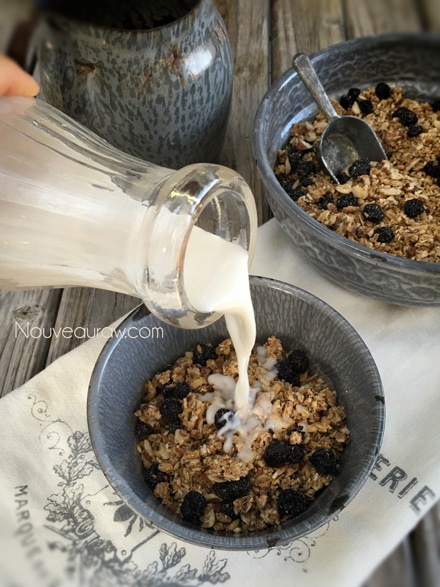 Adding Nut Milk onto Raw Vegan Blueberry Coconut Muesli 