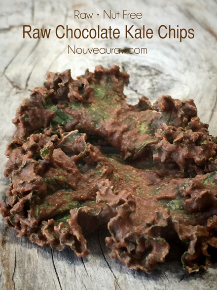 close up of raw crispy Chocolate Kale Chips