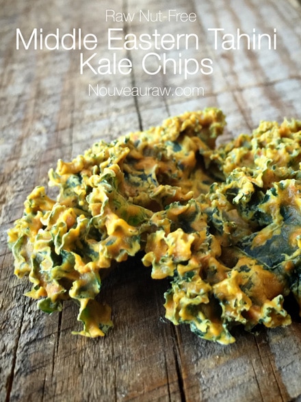 a close up of raw vegan Middle Eastern Tahini Kale Chips