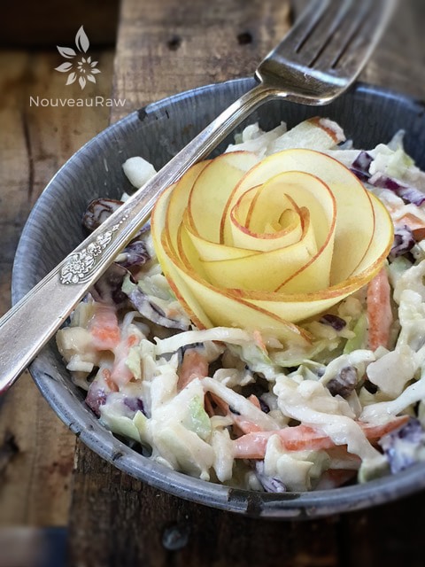 raw vegan Apple Cabbage Slaw served in a gray dish and an apple flower in the center