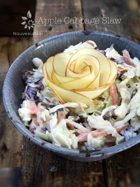raw vegan Apple Cabbage Slaw served in a gray dish