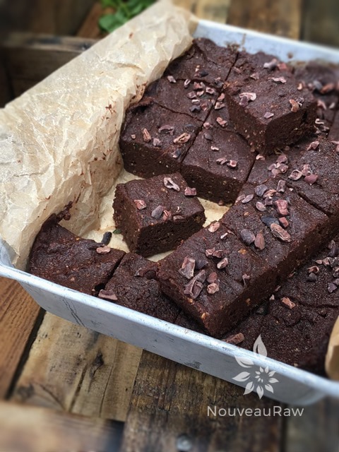 Raw Gluten-Free delicious Espresso' My Mint Cacao Brownies with cacao nibs sprinkled on top