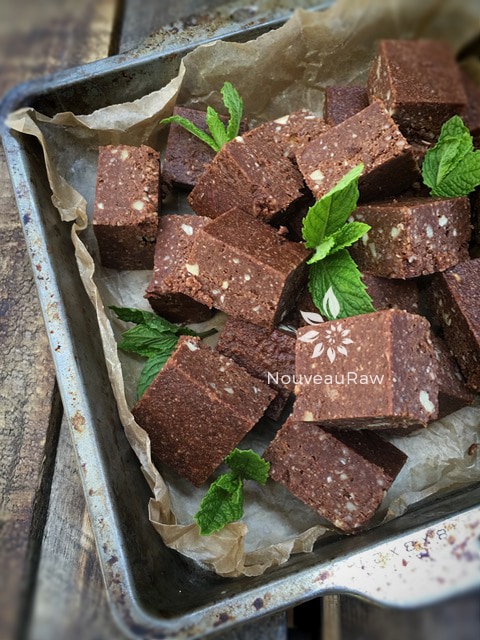 close up of raw vegan gluten free Yummy Chocolate Mint Fudge displayed in an old baking pan