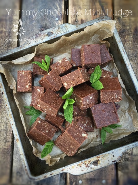 raw vegan gluten free Yummy Chocolate Mint Fudge displayed in an old baking pan