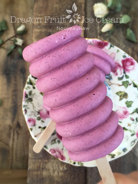 close up of raw vegan Dragon Fruit Ice Cream frozen in a Popsicle mold