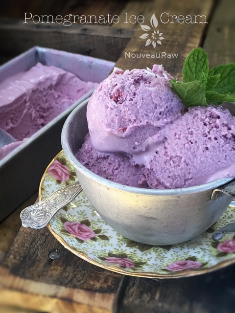 beautifully purple raw vegan Pomegranate Ice Cream served on fine china