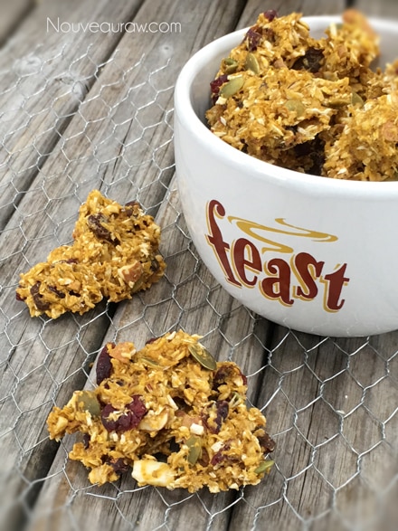 a close up of raw gluten-free Pumpkin Granola served in a bowl for feasting