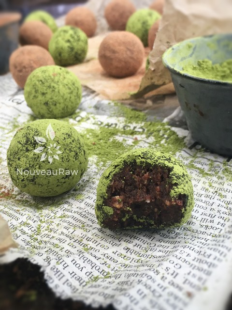 a bite taken out of raw, vegan, melt in your mouth Chocolate Matcha Espresso Truffles