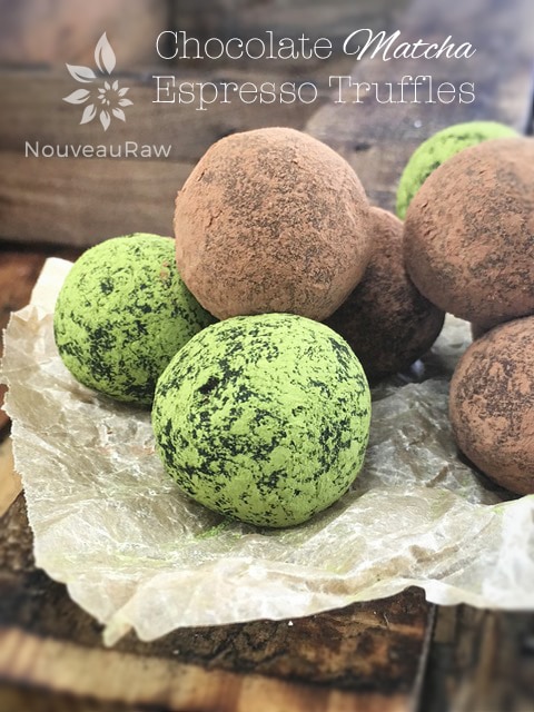 a close up of Chocolate Matcha Espresso Truffles displayed on a wooden table