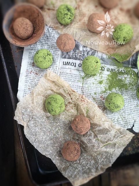 green and brown Chocolate Matcha Espresso Truffles displayed on parchment paper