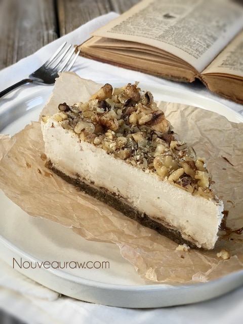 Yummy Slice of Raw Maple Cinnamon Swirl Cultured Cheesecake topped with crushed walnuts
