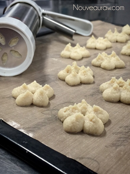 using a cookie press to make raw vegan gluten free Cashew Lemon Spritz Cookies 